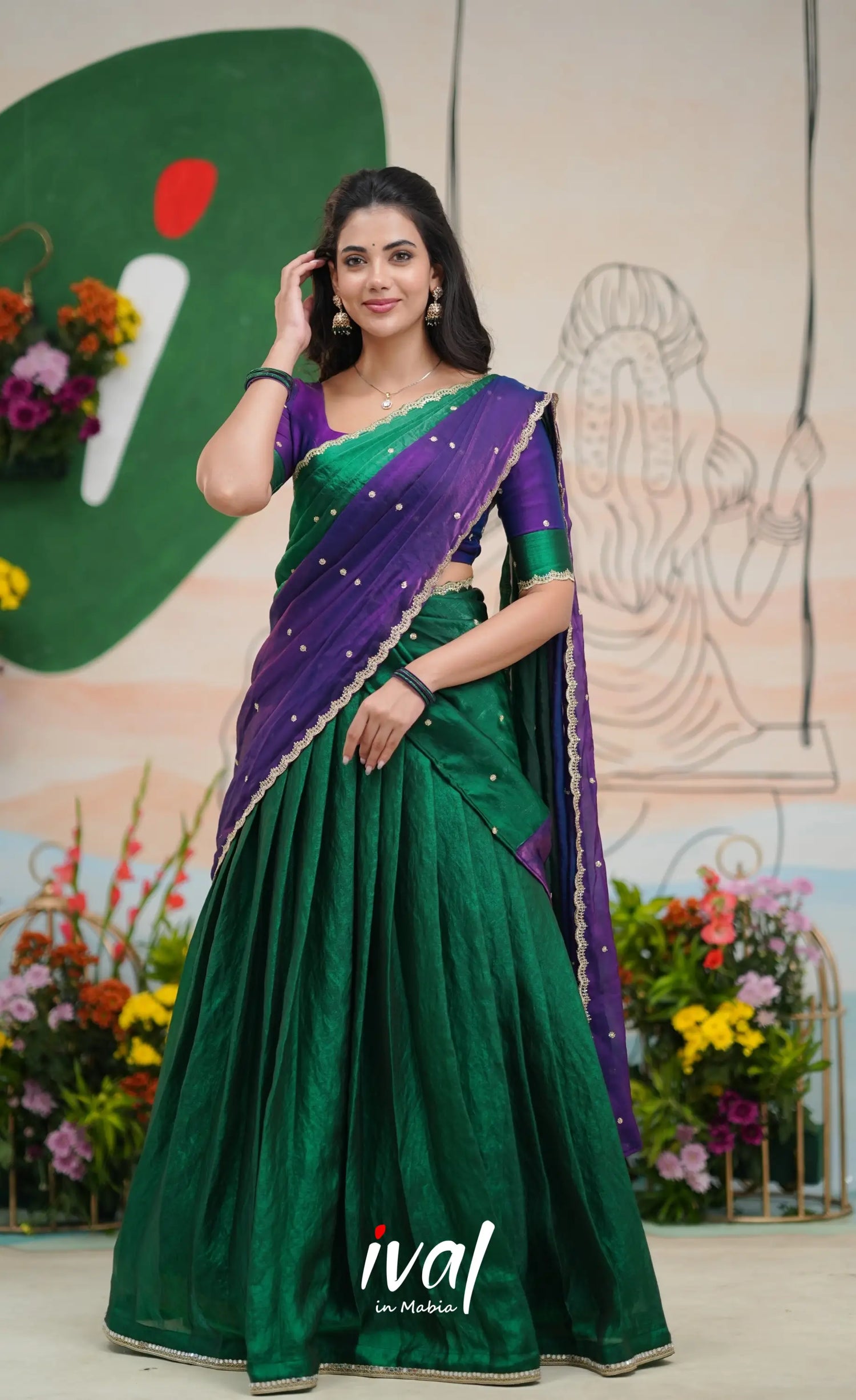 Vedika - Bottle Green with Purple Scape Silk Halfsaree Half Sarees