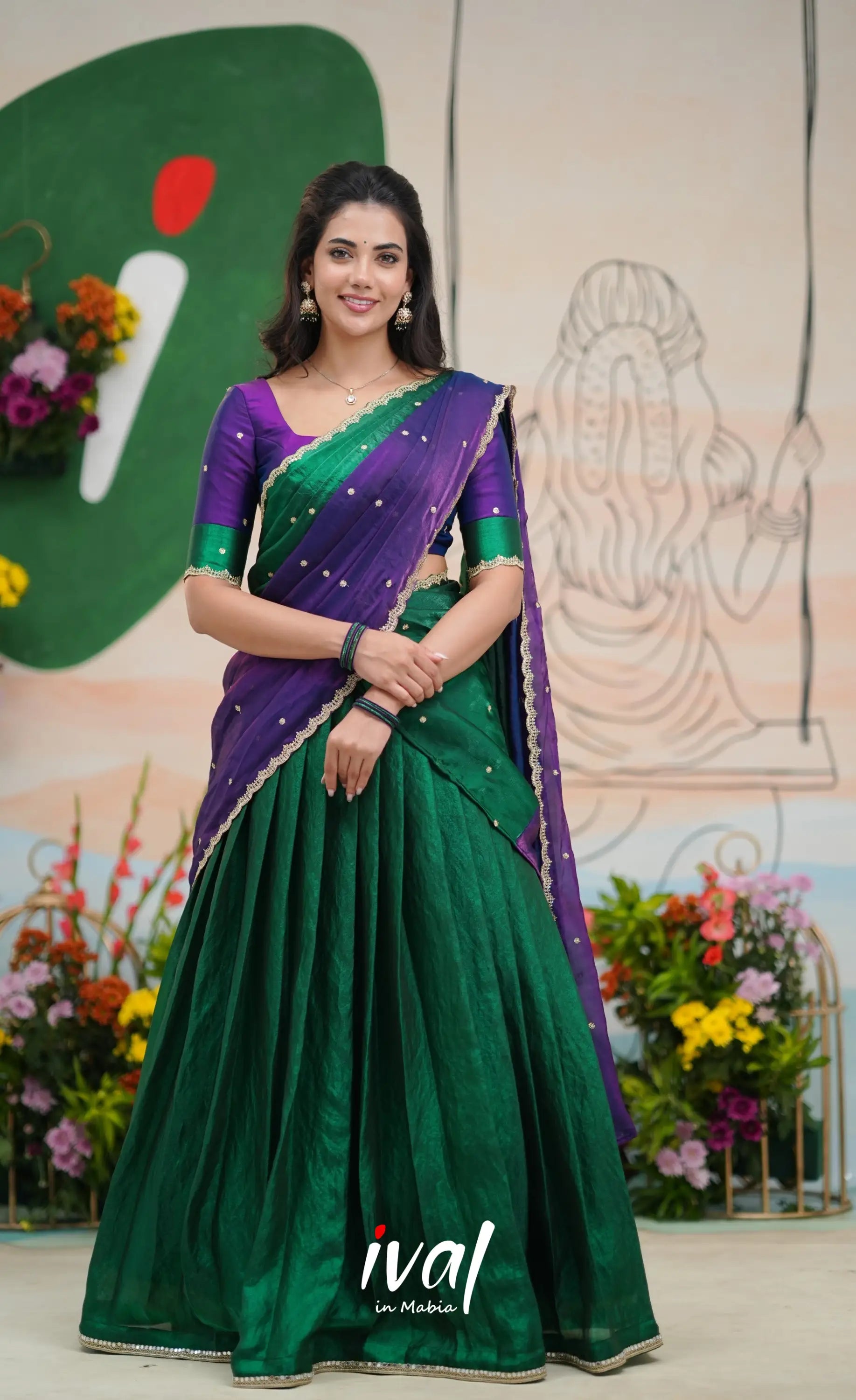 Vedika - Bottle Green with Purple Scape Silk Halfsaree Half Sarees