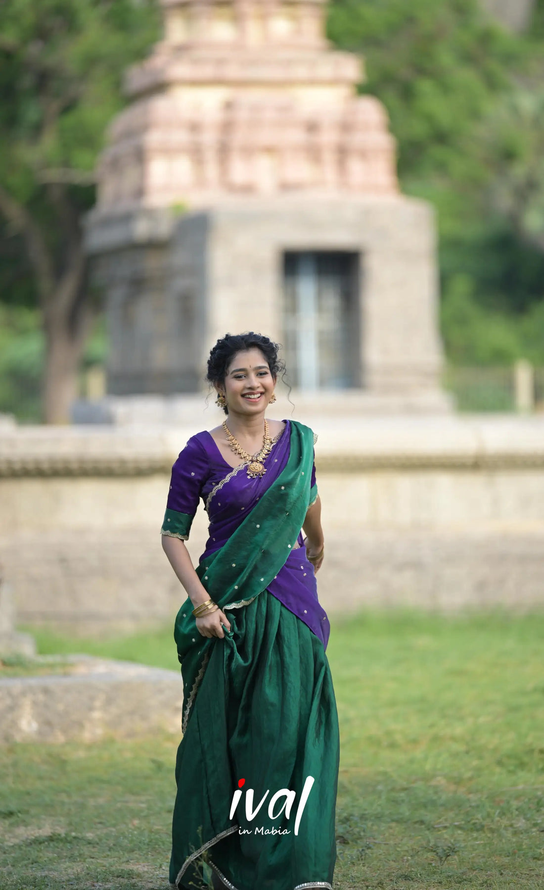 Vedika - Bottle Green with Purple Scape Silk Halfsaree - Half Sarees