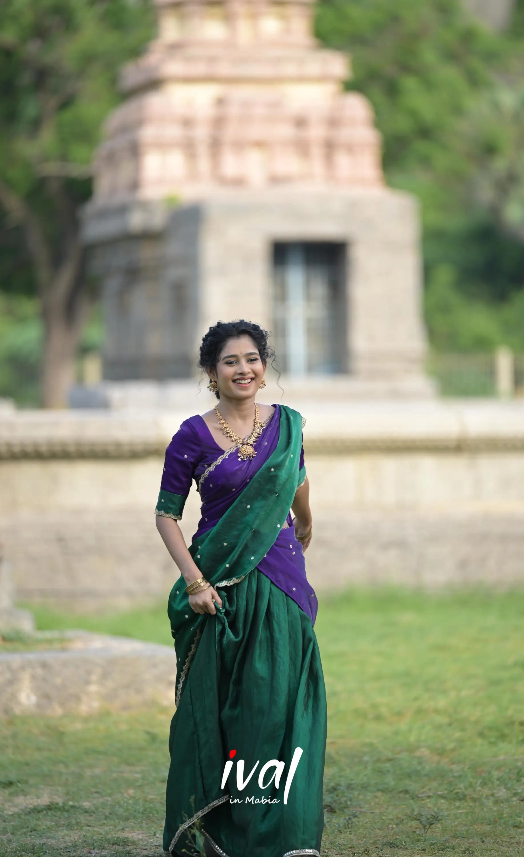 Vedika - Bottle Green with Purple Scape Silk Halfsaree - Half Sarees