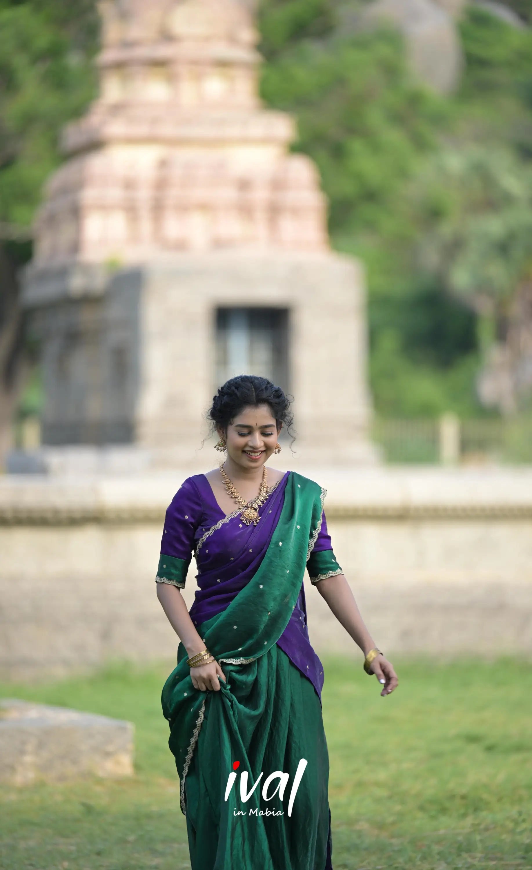 Vedika - Bottle Green with Purple Scape Silk Halfsaree - Half Sarees