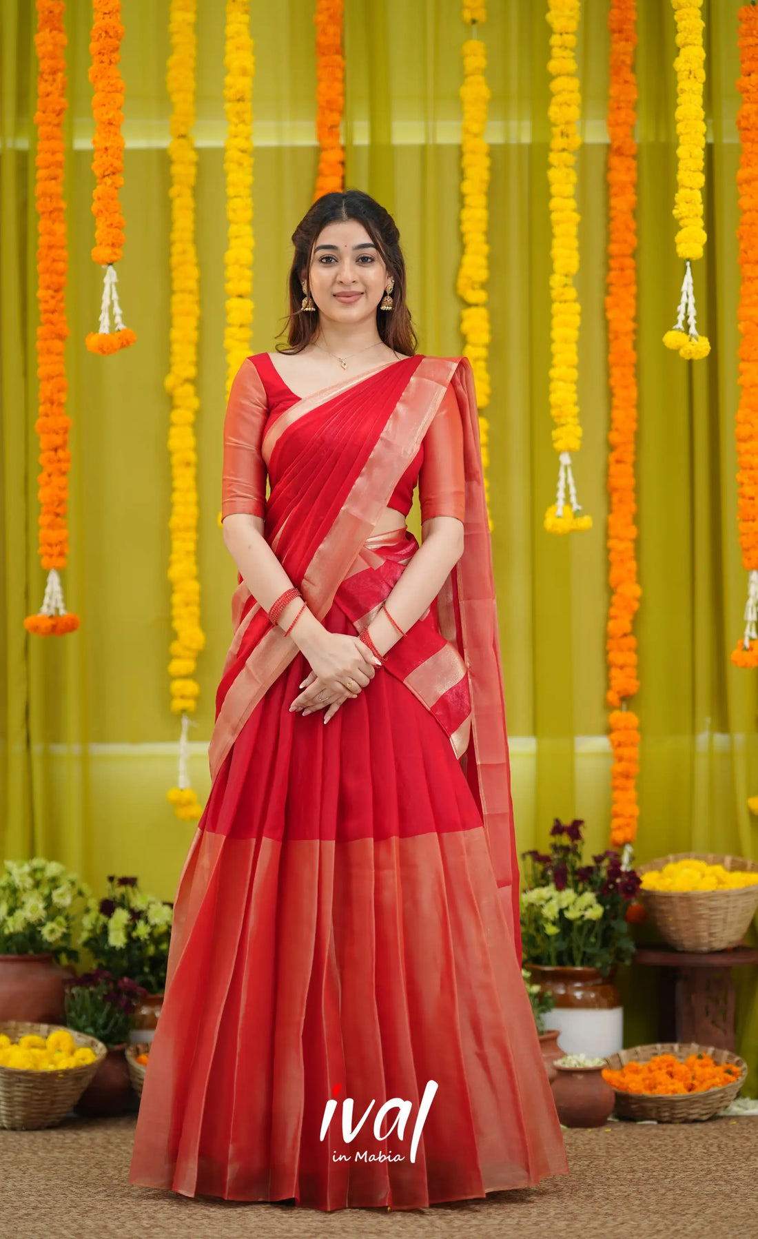 Vedika - Bright Red and Gold Scape Silk Halfsaree - Half Sarees