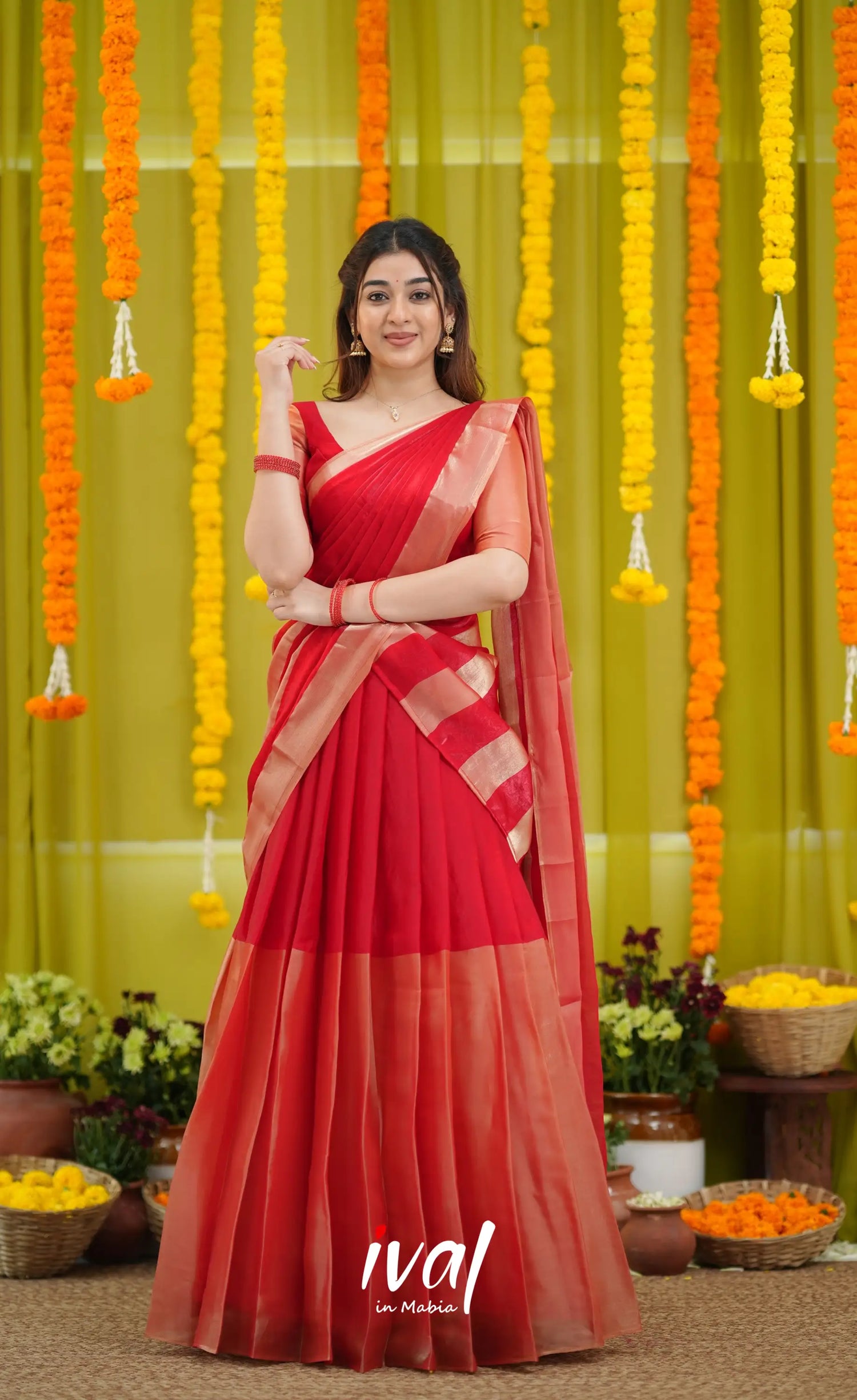 Vedika - Bright Red and Gold Scape Silk Halfsaree - Half Sarees