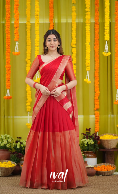 Vedika - Bright Red and Gold Scape Silk Halfsaree - Half Sarees