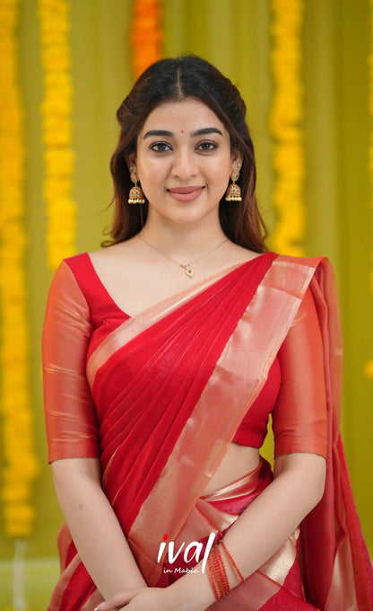 Vedika - Bright Red and Gold Scape Silk Halfsaree - Half Sarees