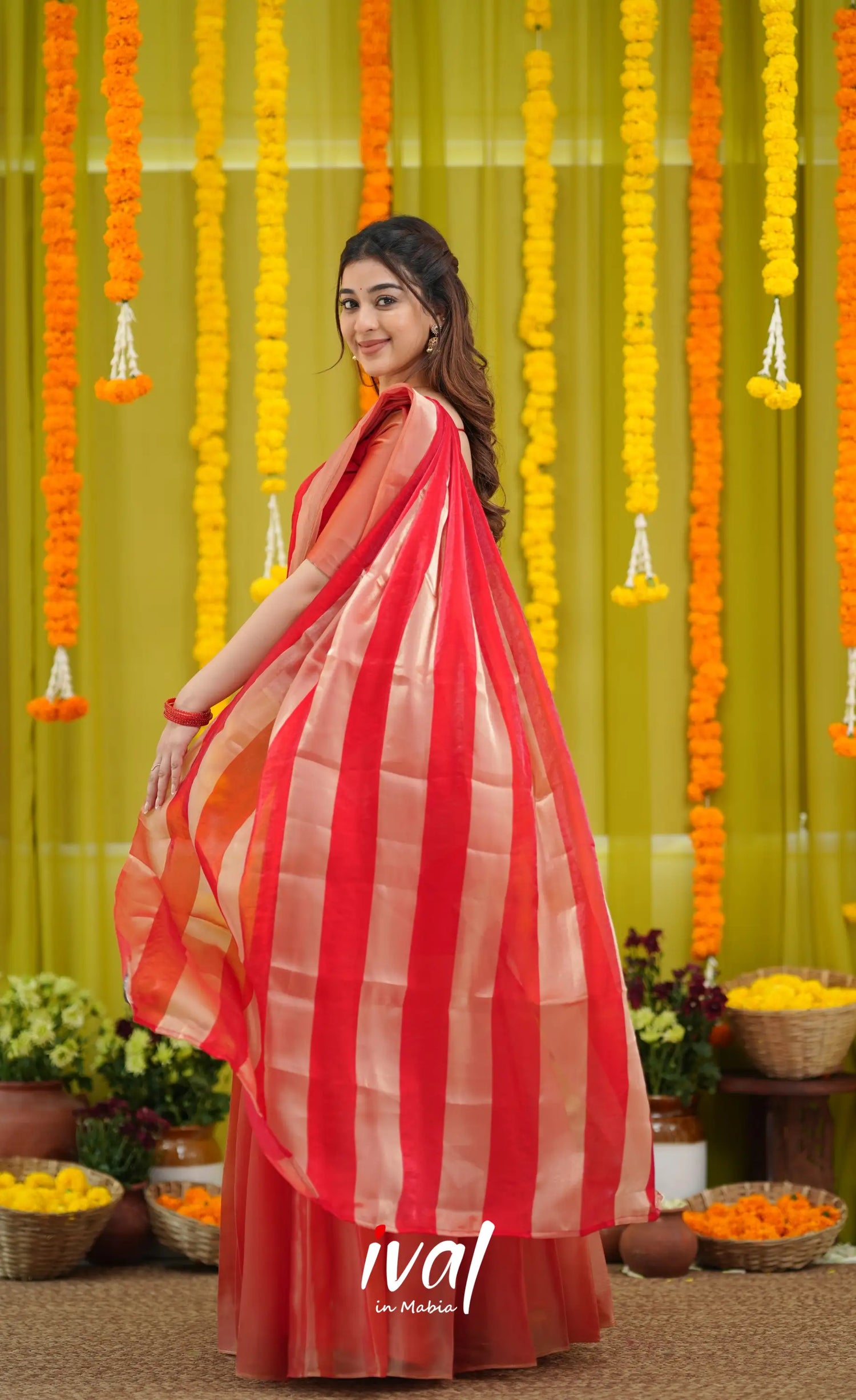 Vedika - Bright Red and Gold Scape Silk Halfsaree - Half Sarees