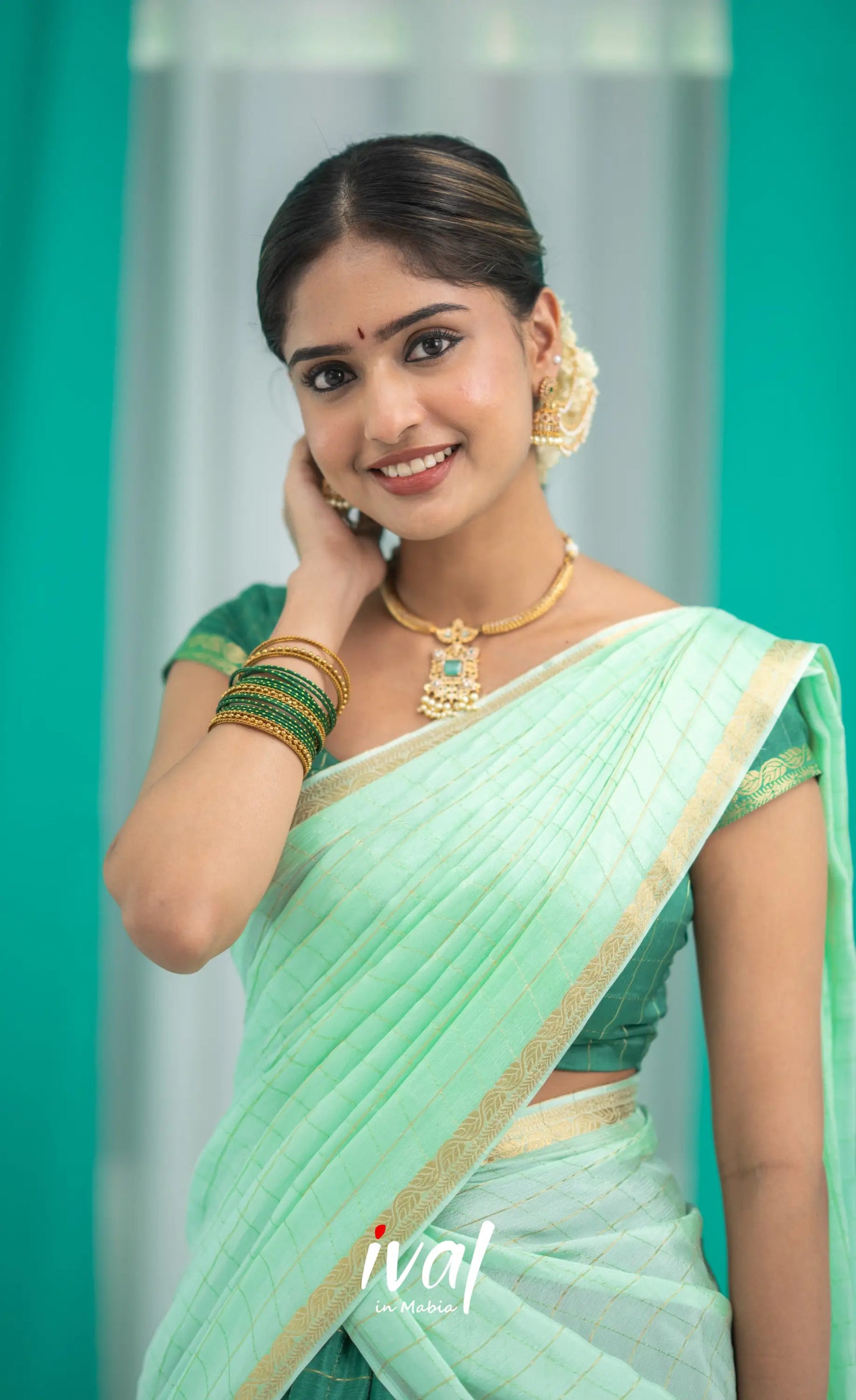 Vedika - Chinnon Halfsaree - Dark Green and Pastel Green Half Sarees