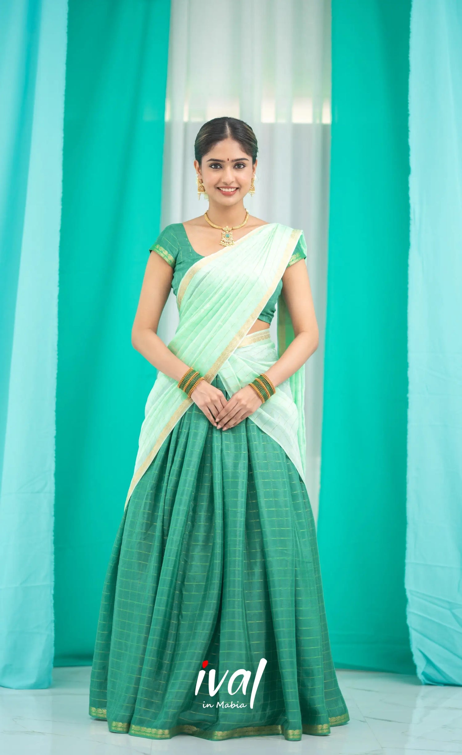 Vedika - Chinnon Halfsaree - Dark Green and Pastel Green Half Sarees