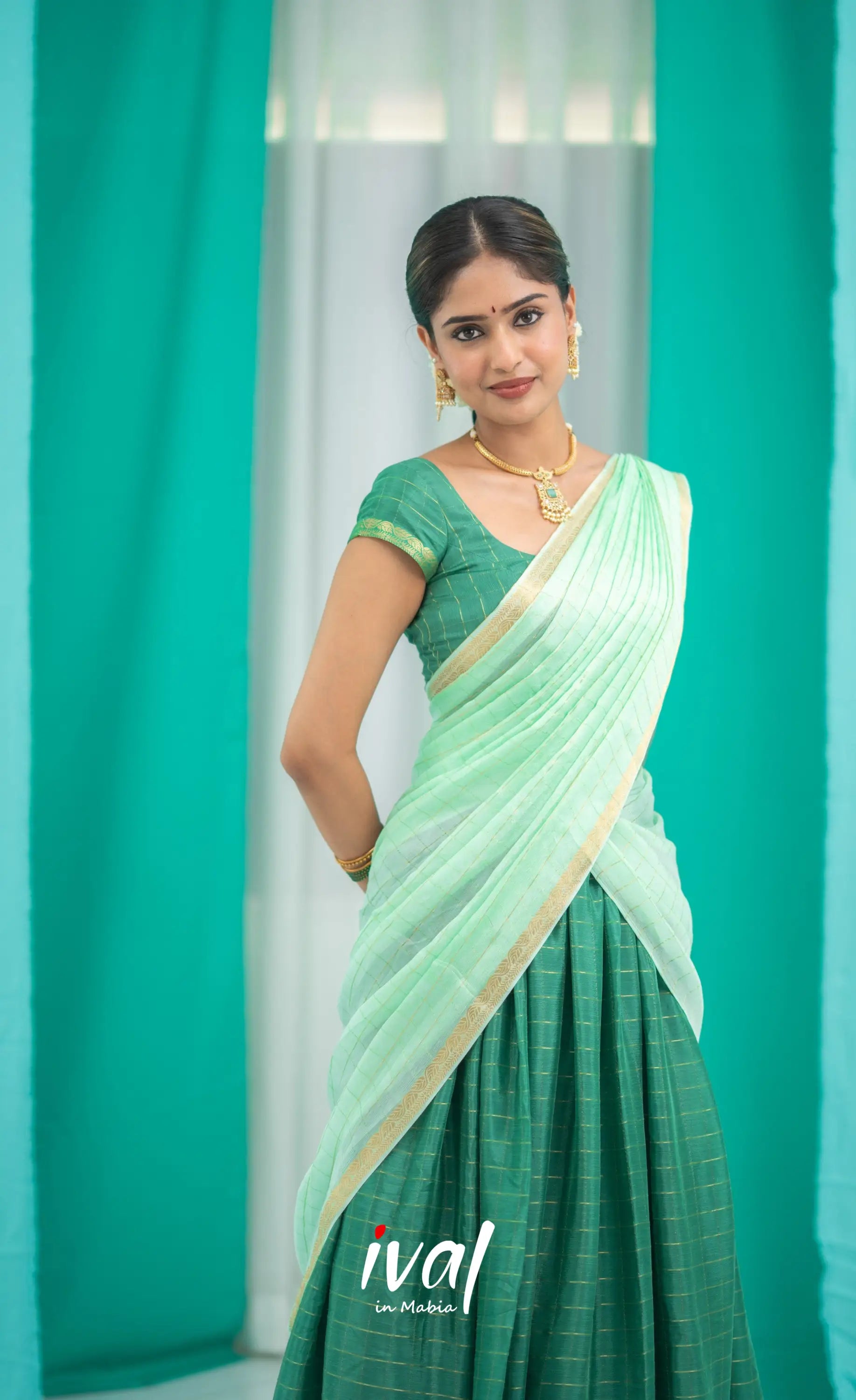 Vedika - Chinnon Halfsaree - Dark Green and Pastel Green Half Sarees