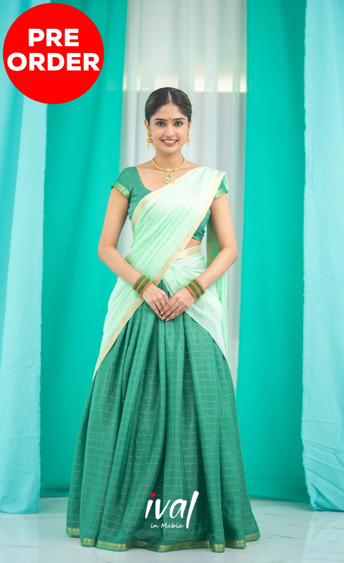 Vedika - Chinnon Halfsaree - Dark Green and Pastel Green Half Sarees