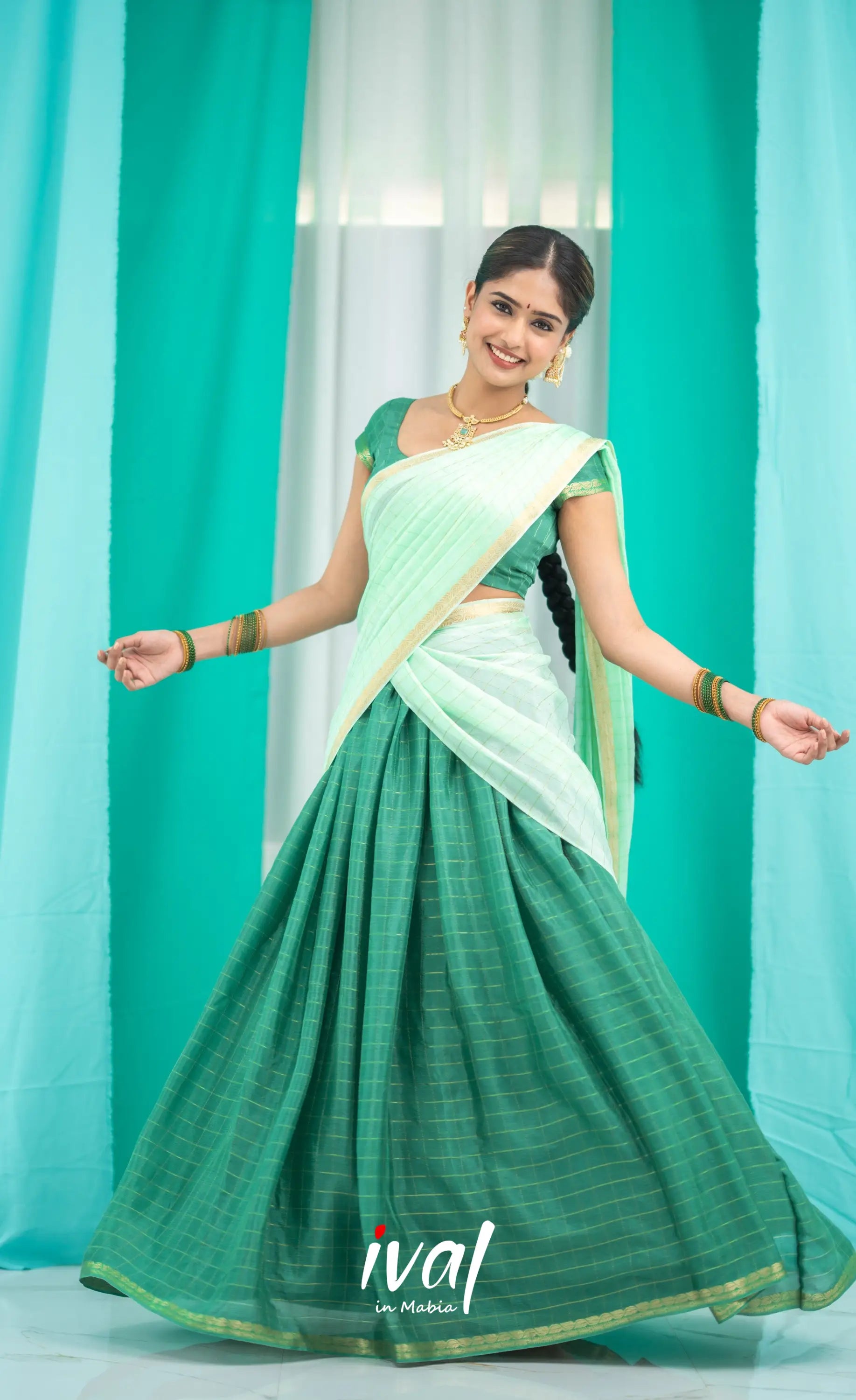 Vedika - Chinnon Halfsaree - Dark Green and Pastel Green Half Sarees