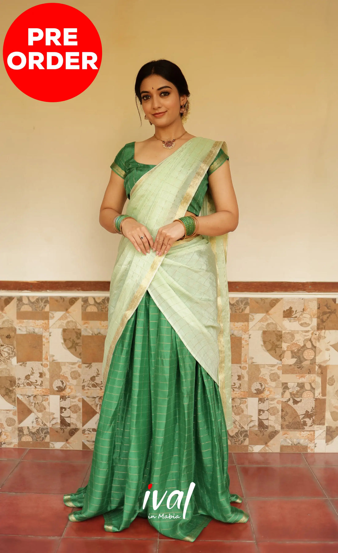 Vedika - Chinnon Halfsaree - Dark Green and Pastel Green Half Sarees