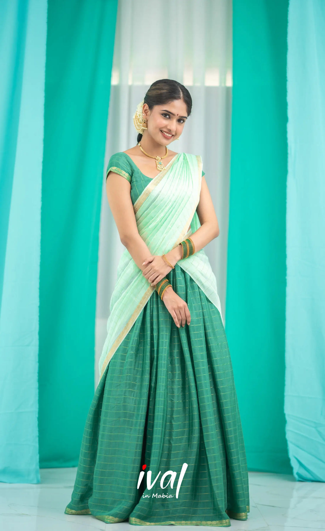 Vedika - Chinnon Halfsaree - Dark Green and Pastel Green Half Sarees