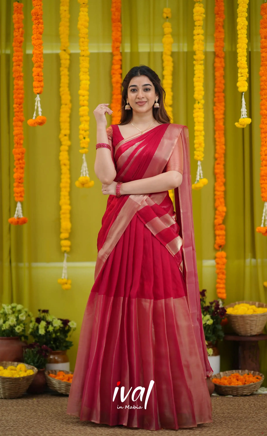 Vedika - Deep Reddish Pink and Gold Scape Silk Halfsaree - Half Sarees