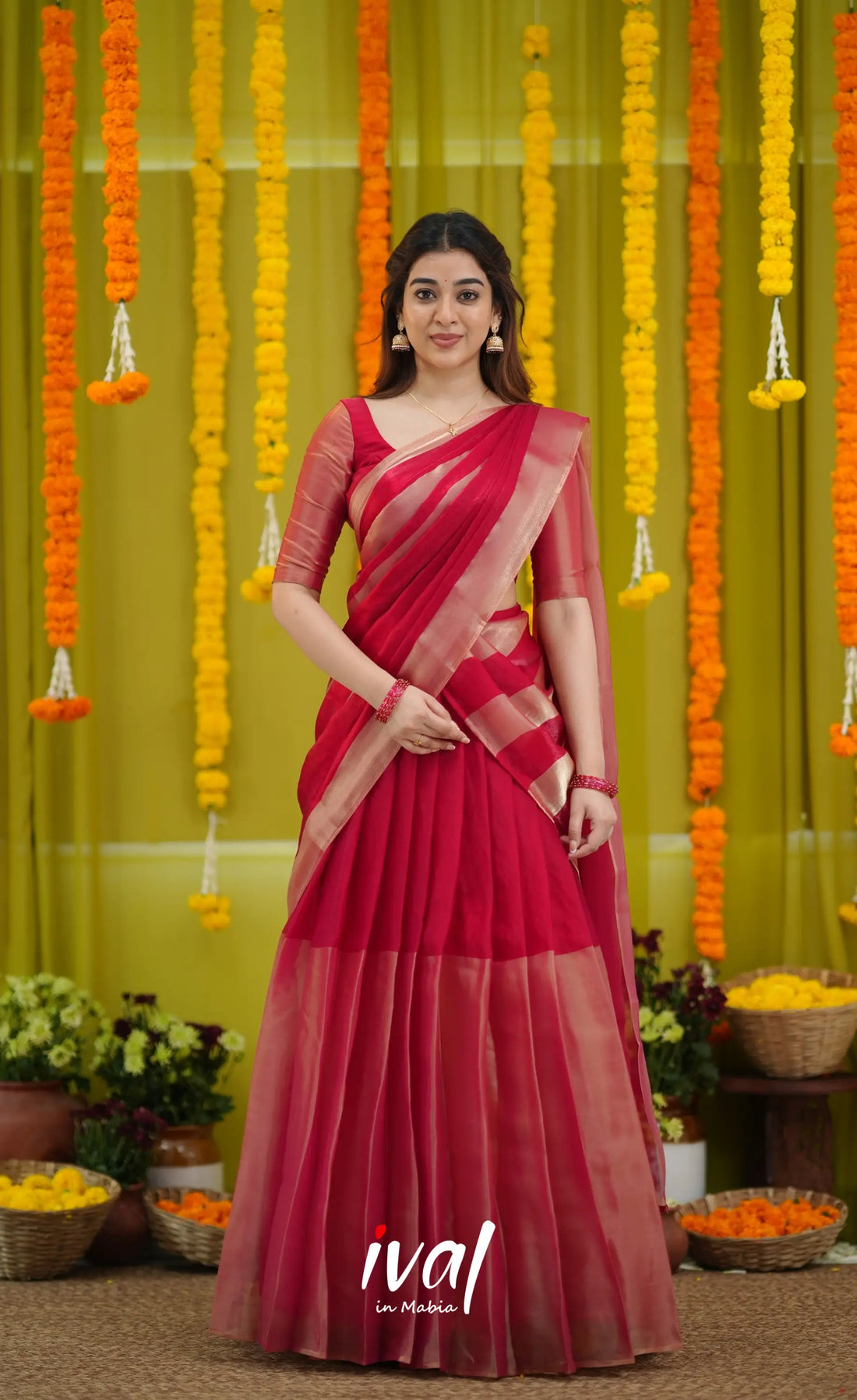 Vedika - Deep Reddish Pink and Gold Scape Silk Halfsaree - Half Sarees