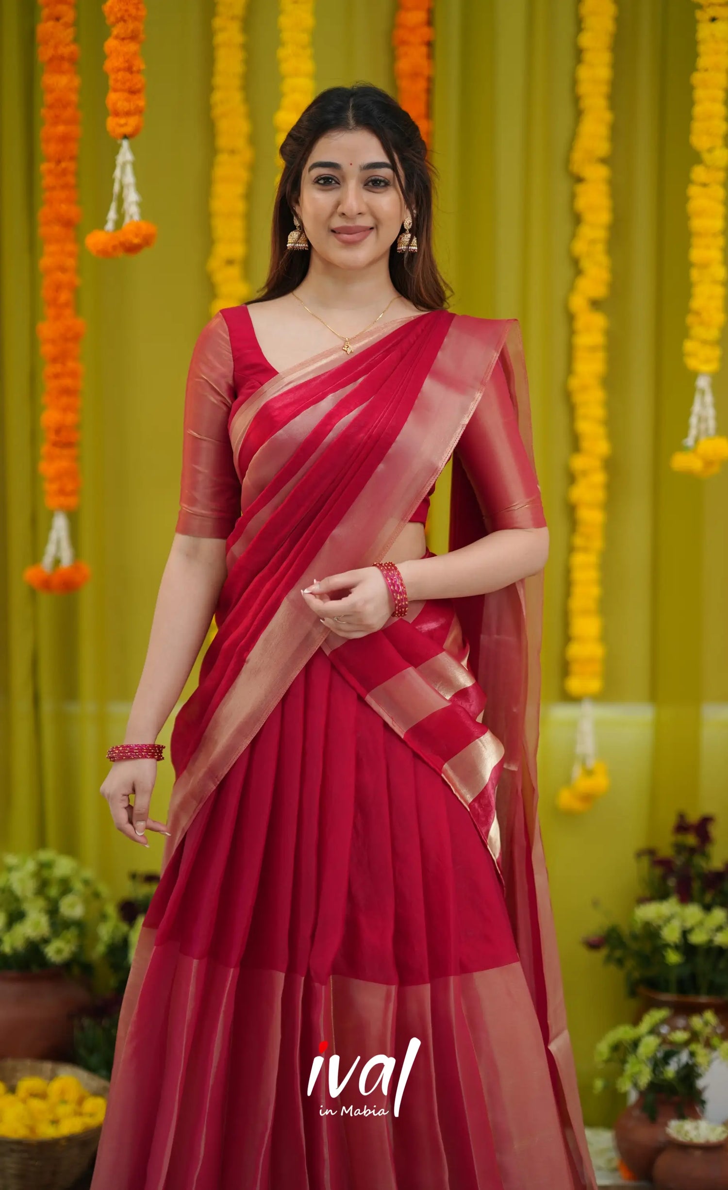 Vedika - Deep Reddish Pink and Gold Scape Silk Halfsaree - Half Sarees