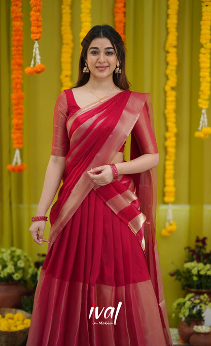 Vedika - Deep Reddish Pink and Gold Scape Silk Halfsaree - Half Sarees