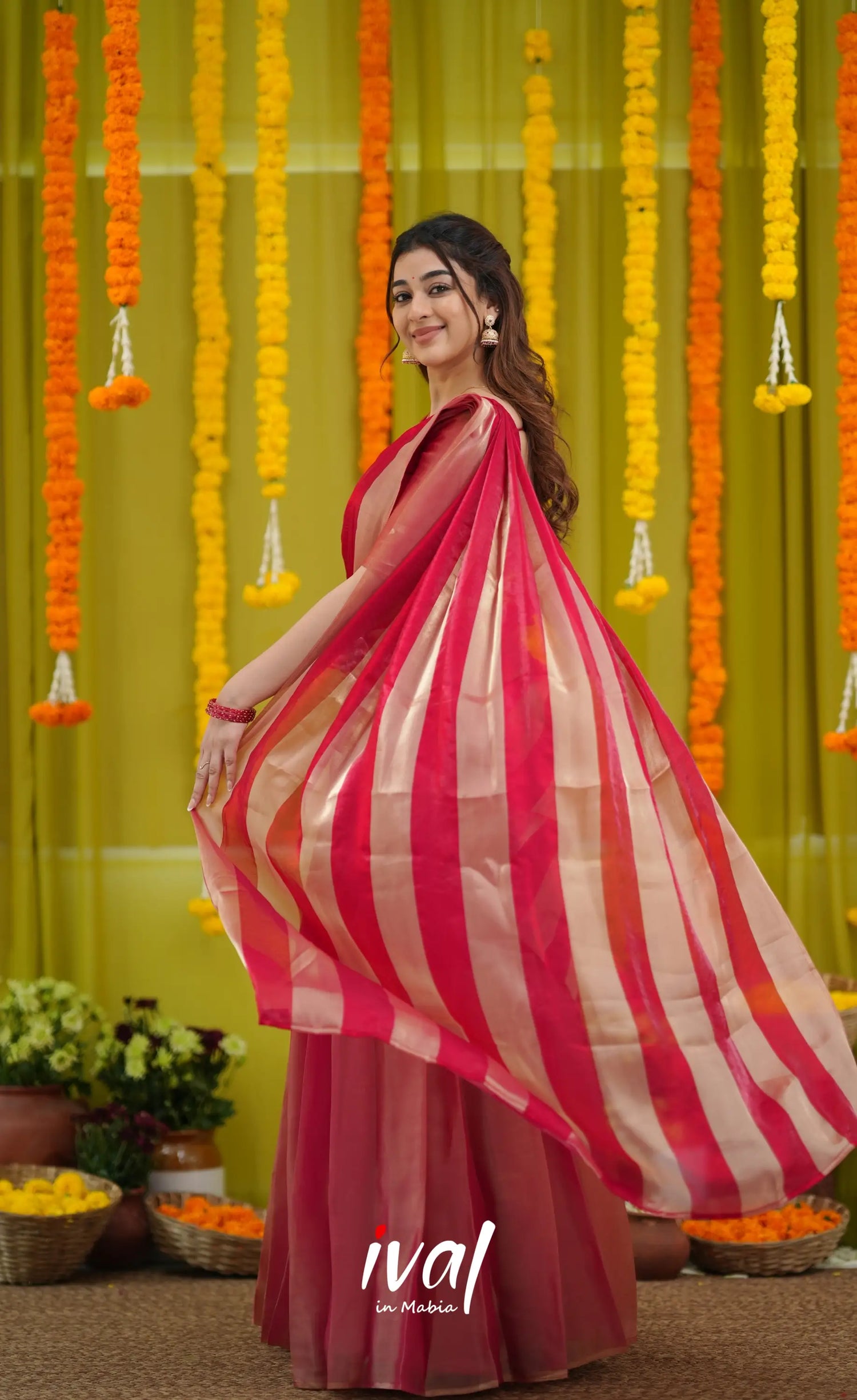 Vedika - Deep Reddish Pink and Gold Scape Silk Halfsaree - Half Sarees