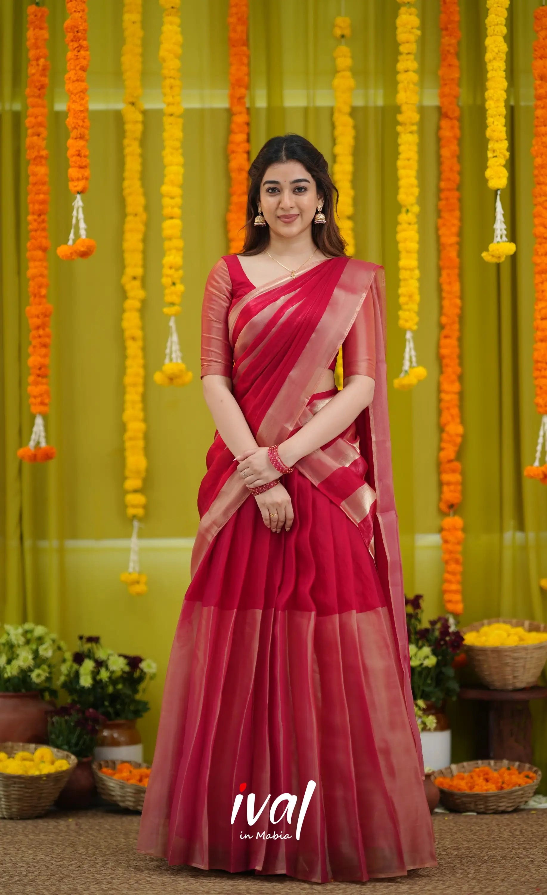 Vedika - Deep Reddish Pink and Gold Scape Silk Halfsaree - Half Sarees