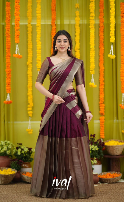 Vedika - Deep Wine and Gold Scape Silk Halfsaree - Half Sarees