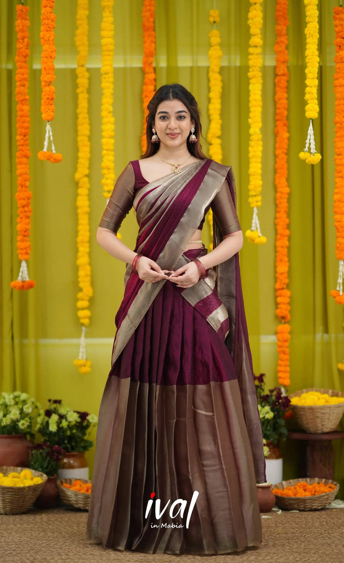 Vedika - Deep Wine and Gold Scape Silk Halfsaree - Half Sarees