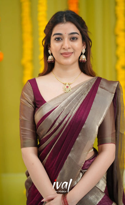 Vedika - Deep Wine and Gold Scape Silk Halfsaree - Half Sarees