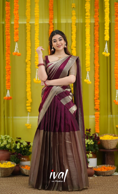 Vedika - Deep Wine and Gold Scape Silk Halfsaree - Half Sarees
