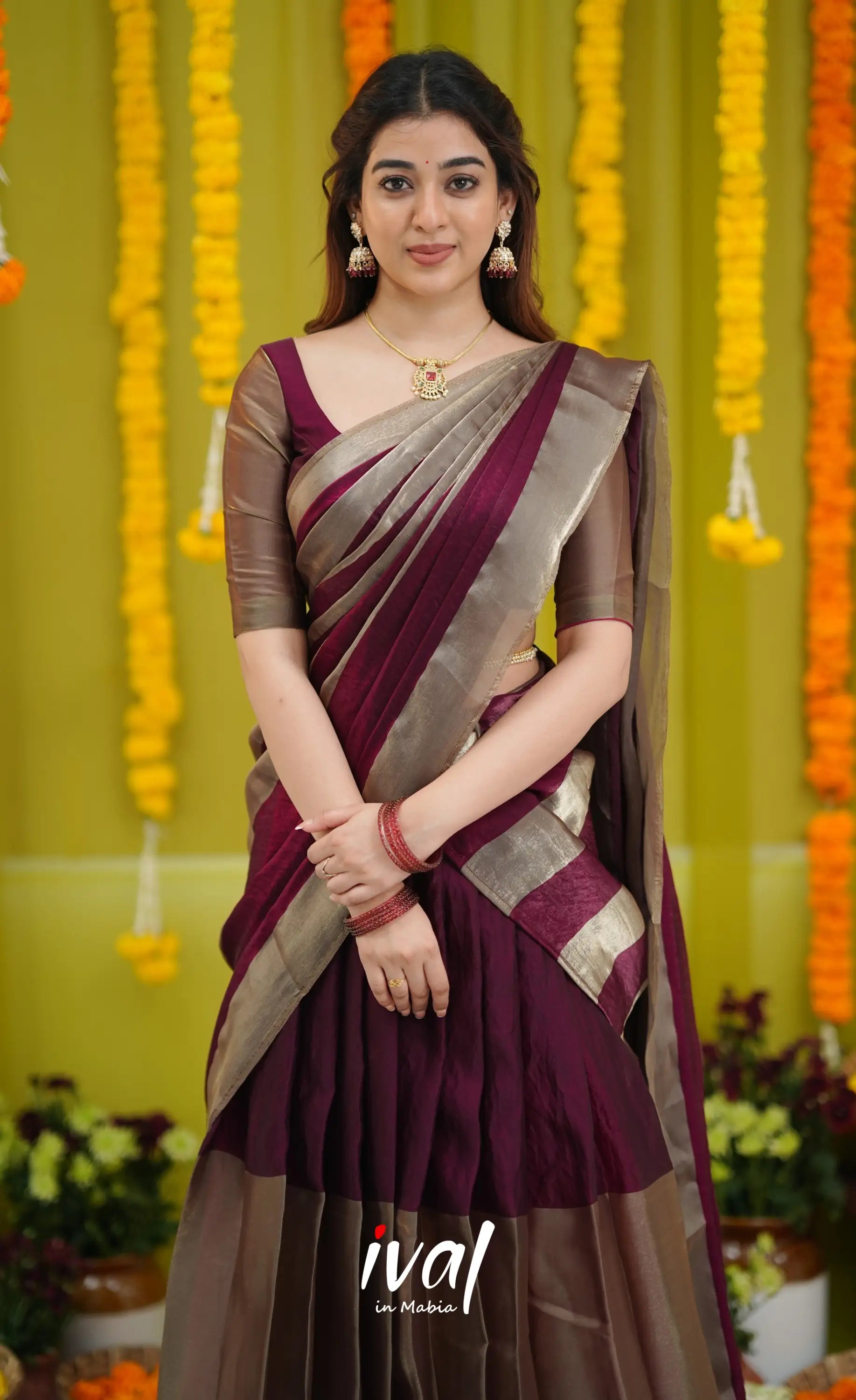 Vedika - Deep Wine and Gold Scape Silk Halfsaree - Half Sarees