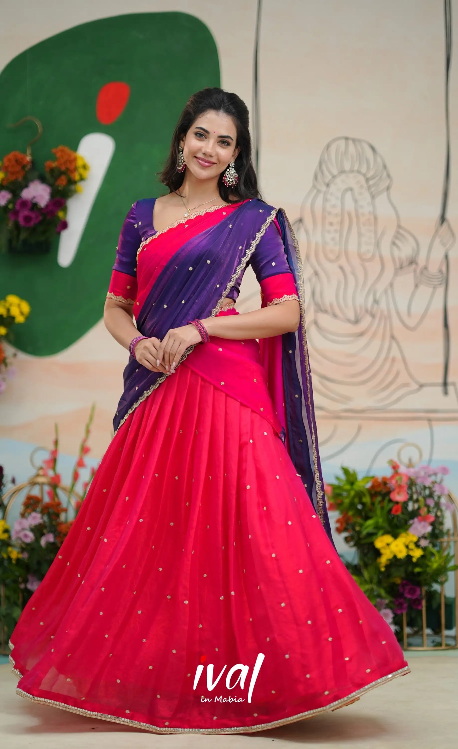 Vedika - Magenta Pink with Purple Scape Silk Halfsaree Half Sarees