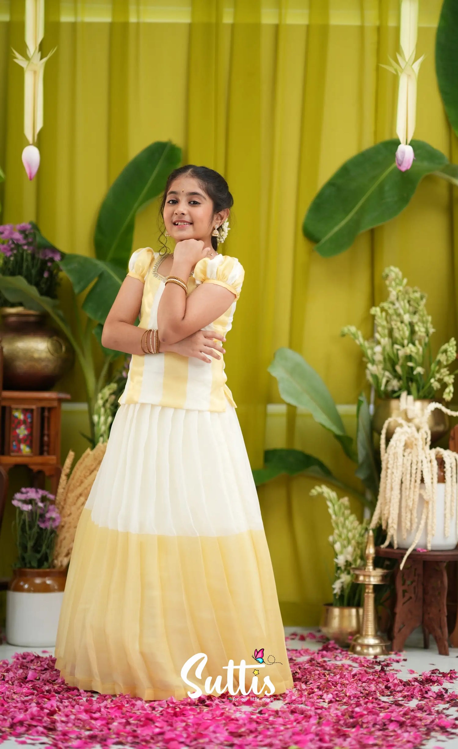 Vedika- Milky white and Gold Pavadai sattai - Kids-Suttis