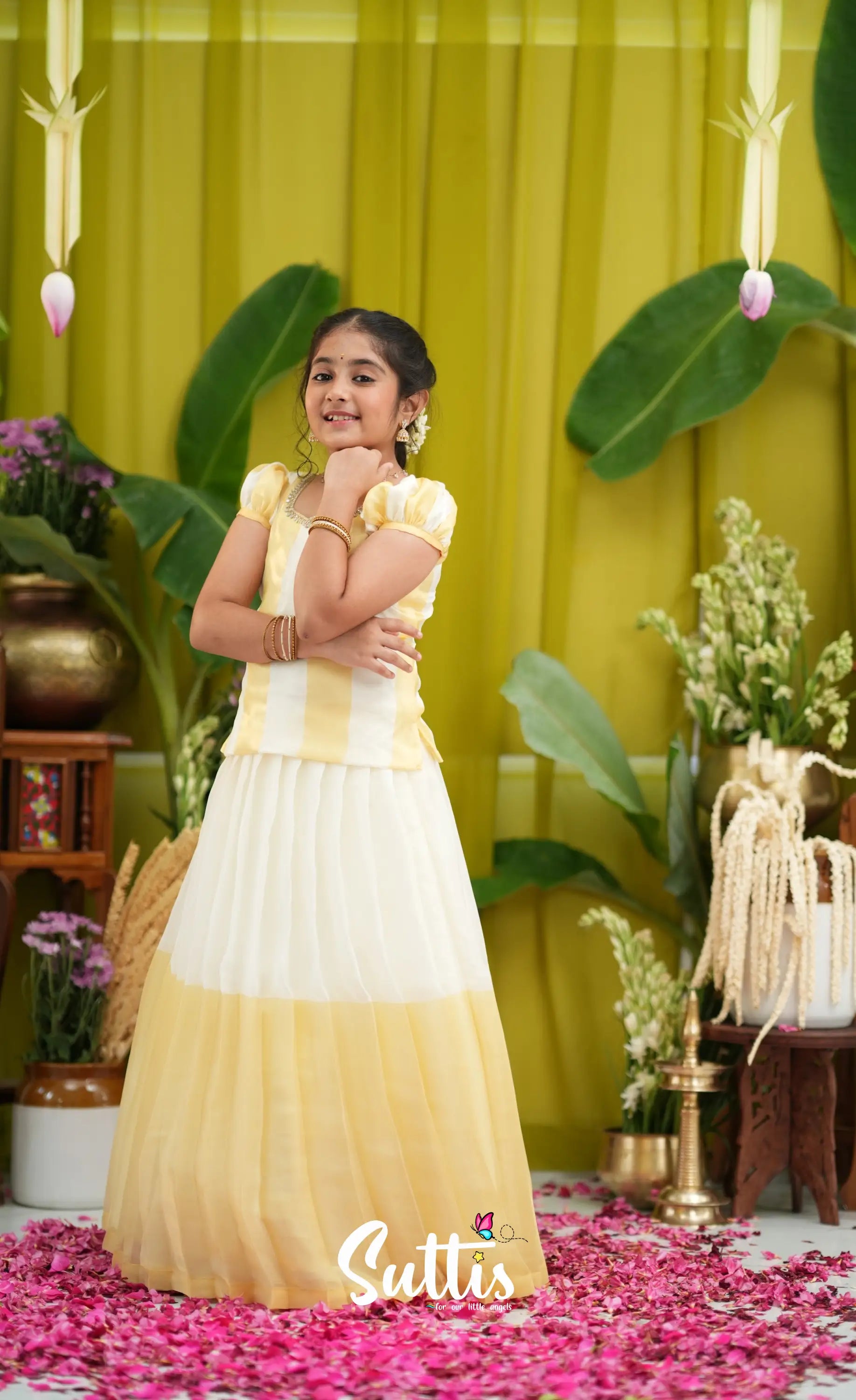 Vedika- Milky white and Gold Pavadai sattai - Kids-Suttis