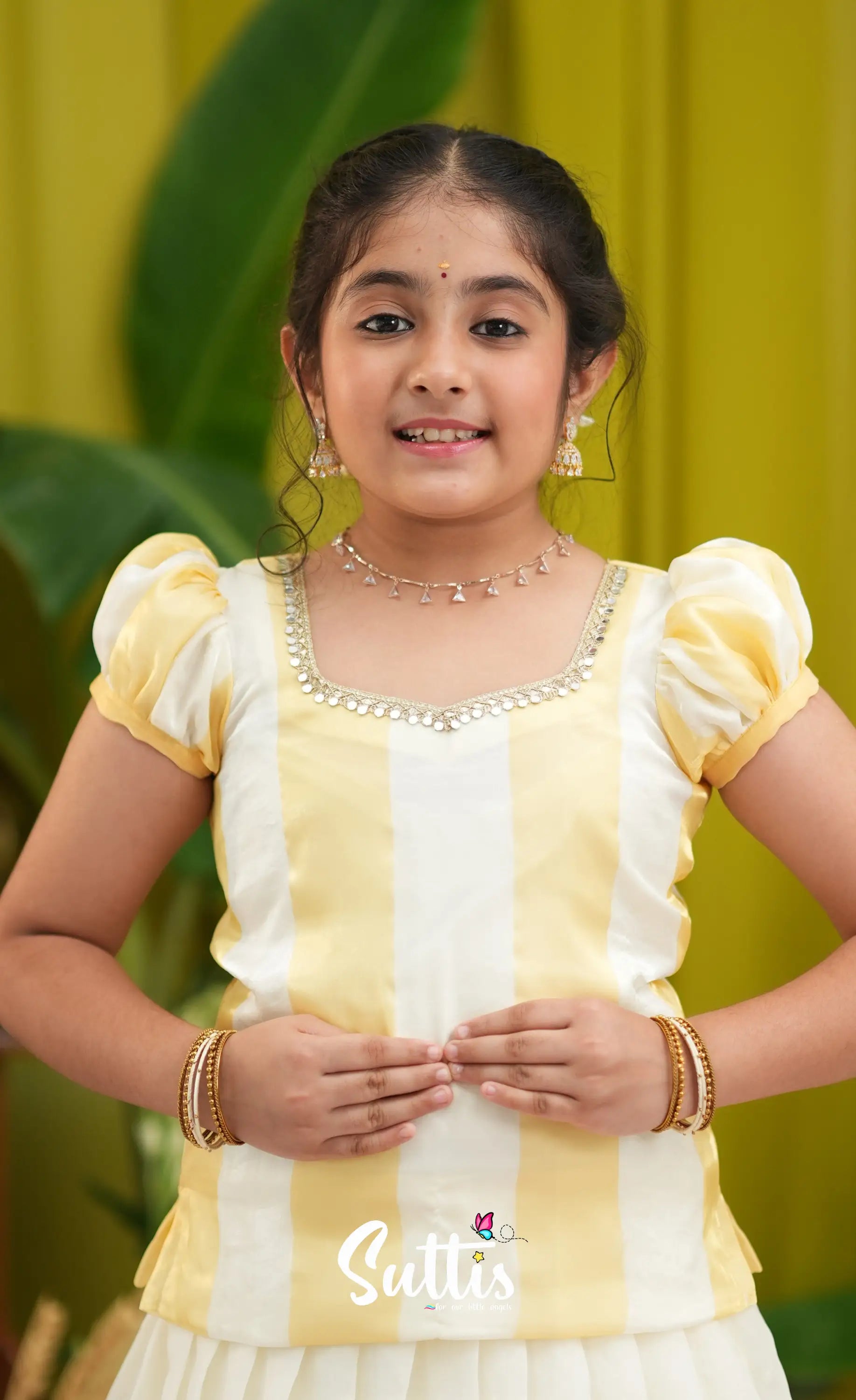 Vedika- Milky white and Gold Pavadai sattai - Kids-Suttis