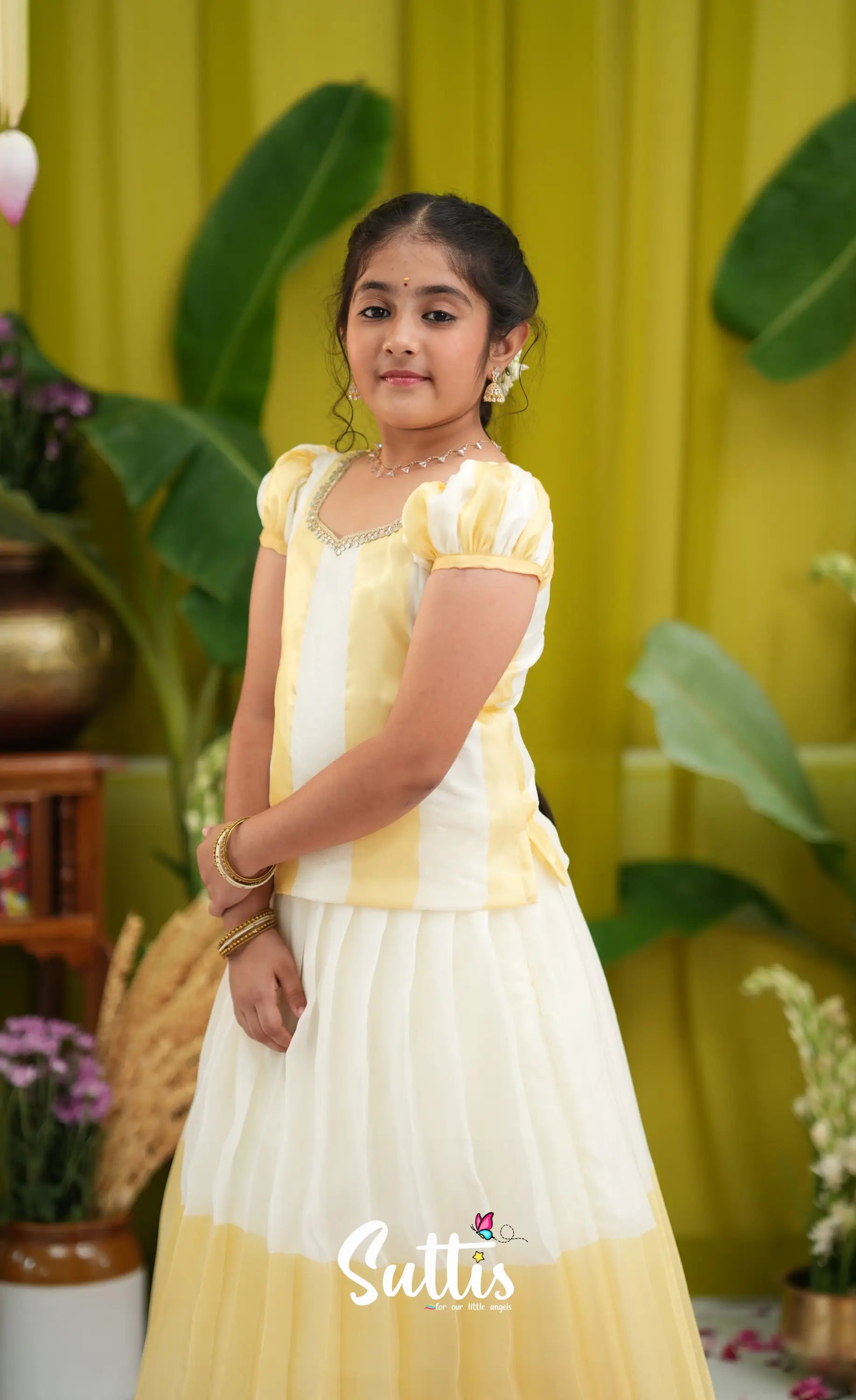 Vedika- Milky white and Gold Pavadai sattai - Kids-Suttis