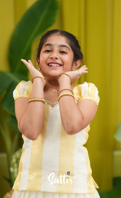 Vedika- Milky white and Gold Pavadai sattai - Kids-Suttis