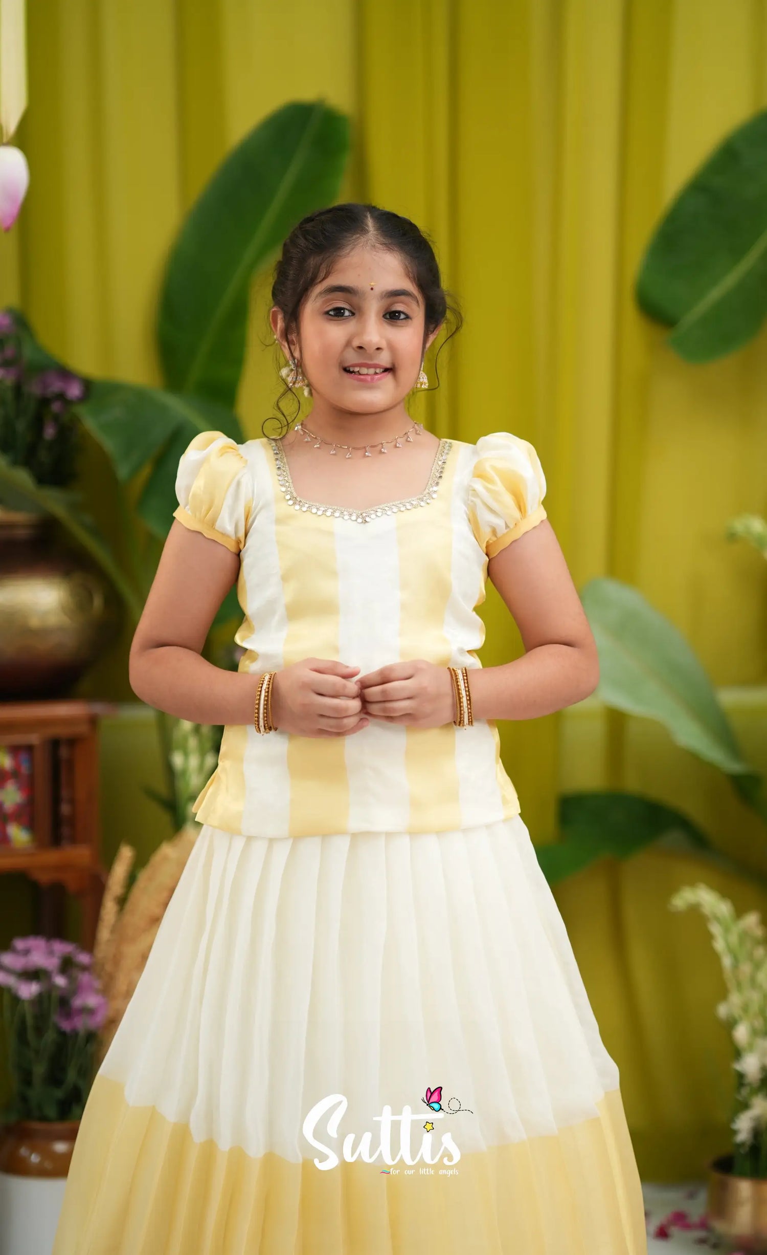 Vedika- Milky white and Gold Pavadai sattai - Kids-Suttis