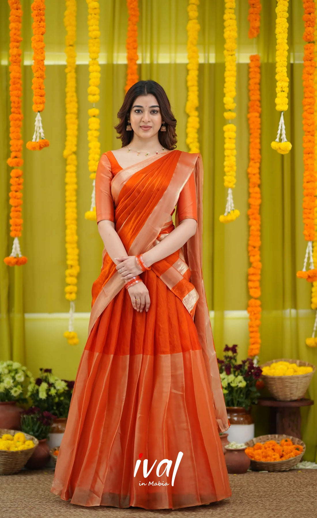 Vedika - Orange and Gold Scape Silk Halfsaree - Half Sarees