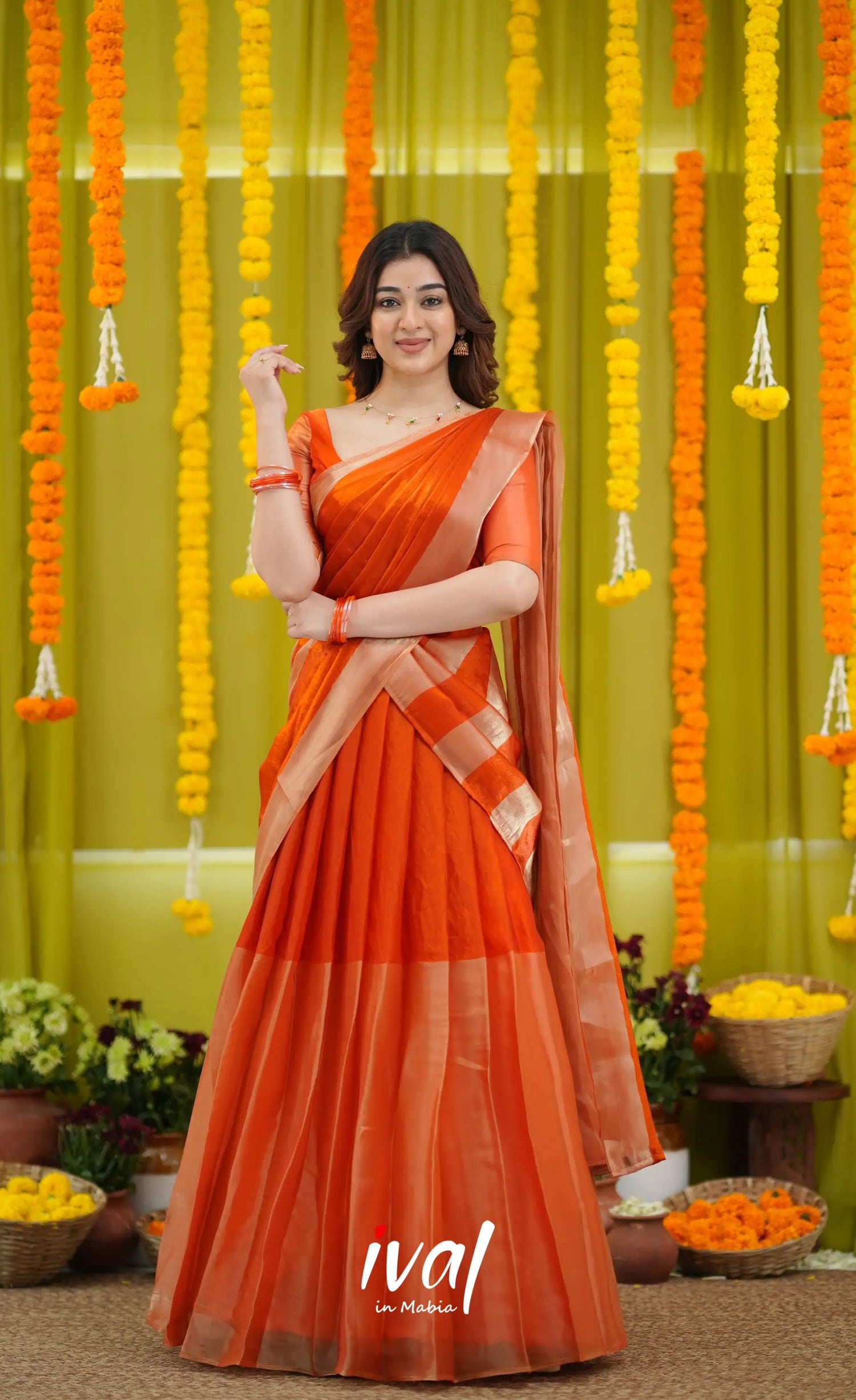 Vedika - Orange and Gold Scape Silk Halfsaree - Half Sarees