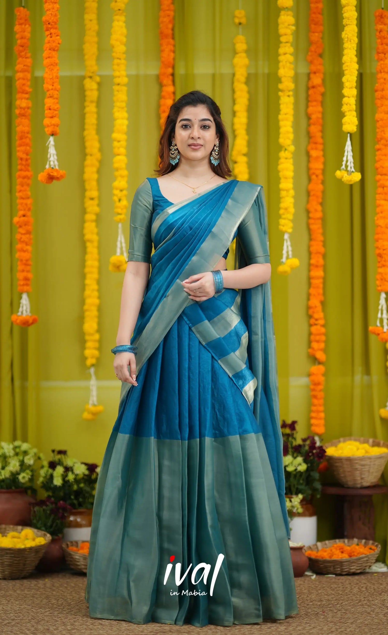 Vedika - Peacock Blue and Gold Scape Silk Halfsaree - Half Sarees
