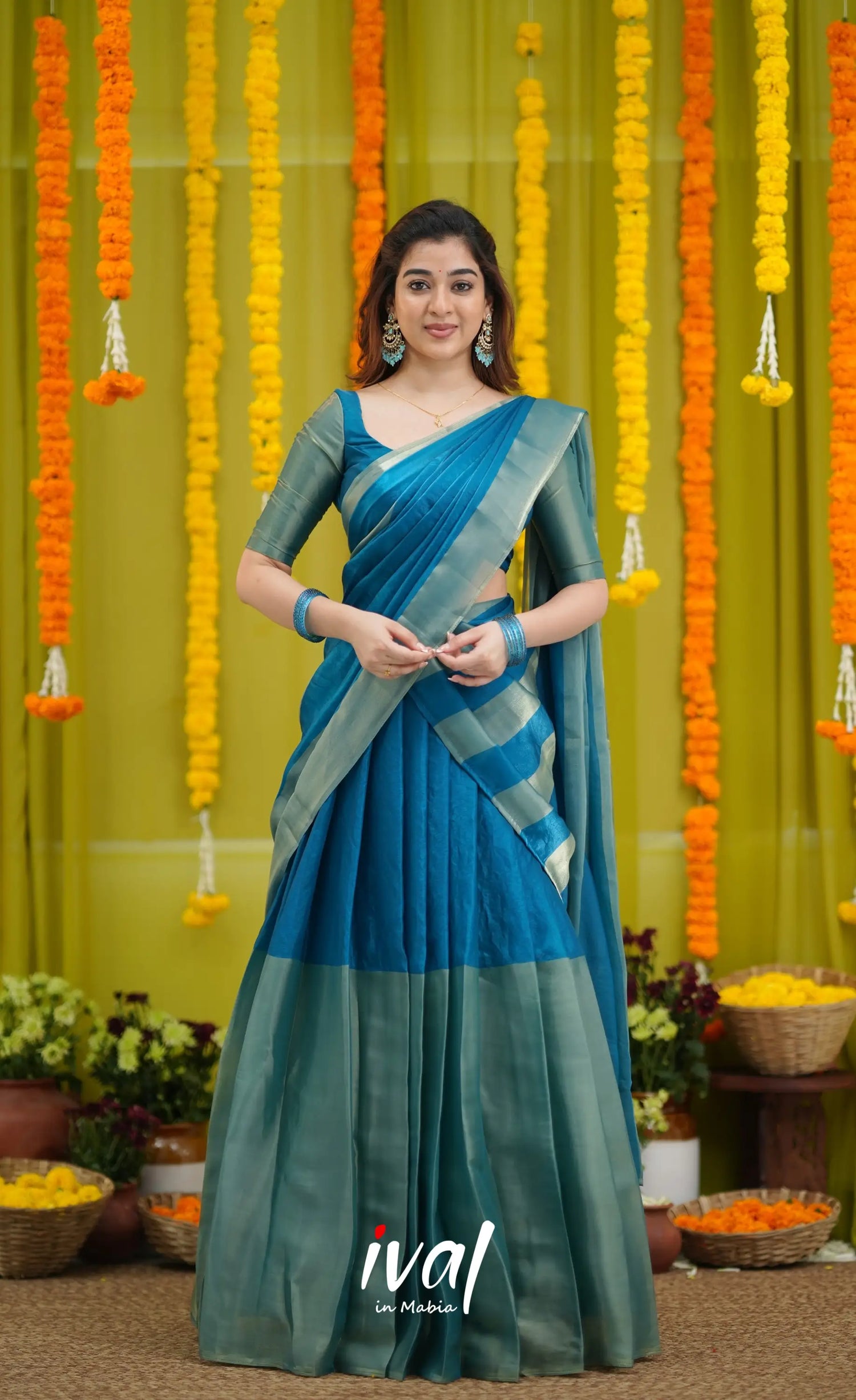 Vedika - Peacock Blue and Gold Scape Silk Halfsaree - Half Sarees