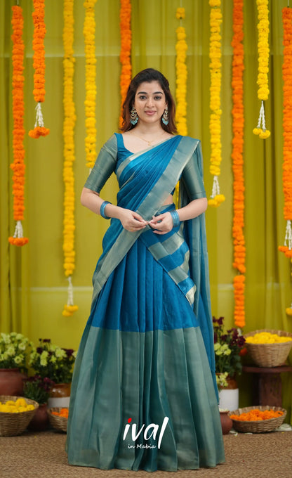 Vedika - Peacock Blue and Gold Scape Silk Halfsaree - Half Sarees