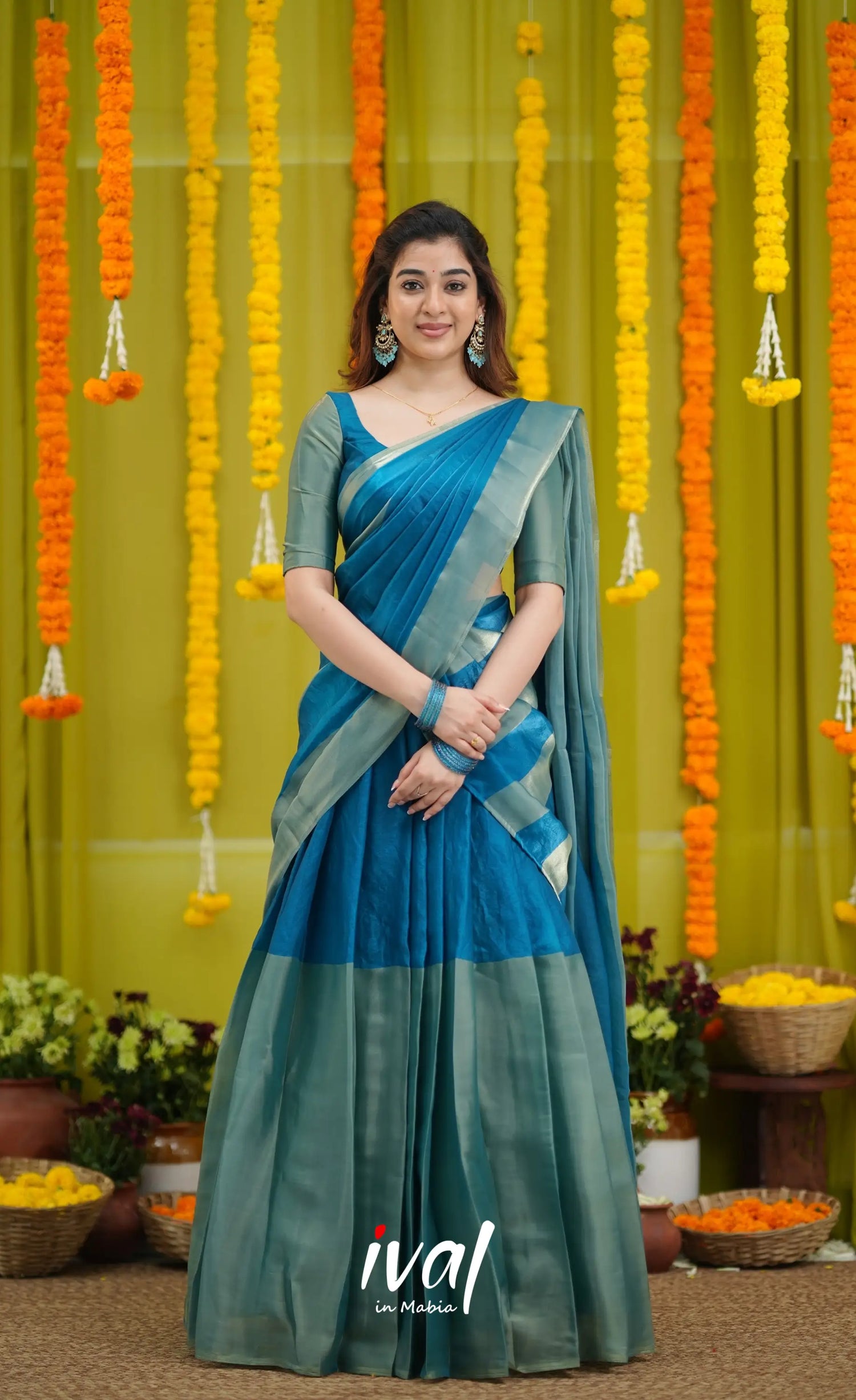 Vedika - Peacock Blue and Gold Scape Silk Halfsaree - Half Sarees