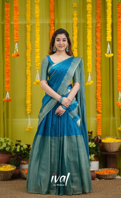 Vedika - Peacock Blue and Gold Scape Silk Halfsaree - Half Sarees