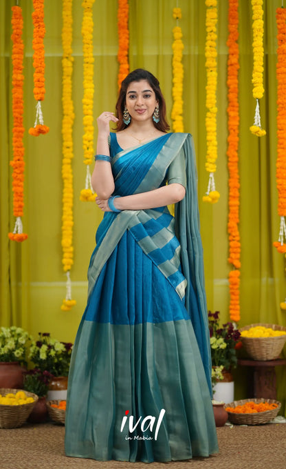 Vedika - Peacock Blue and Gold Scape Silk Halfsaree - Half Sarees