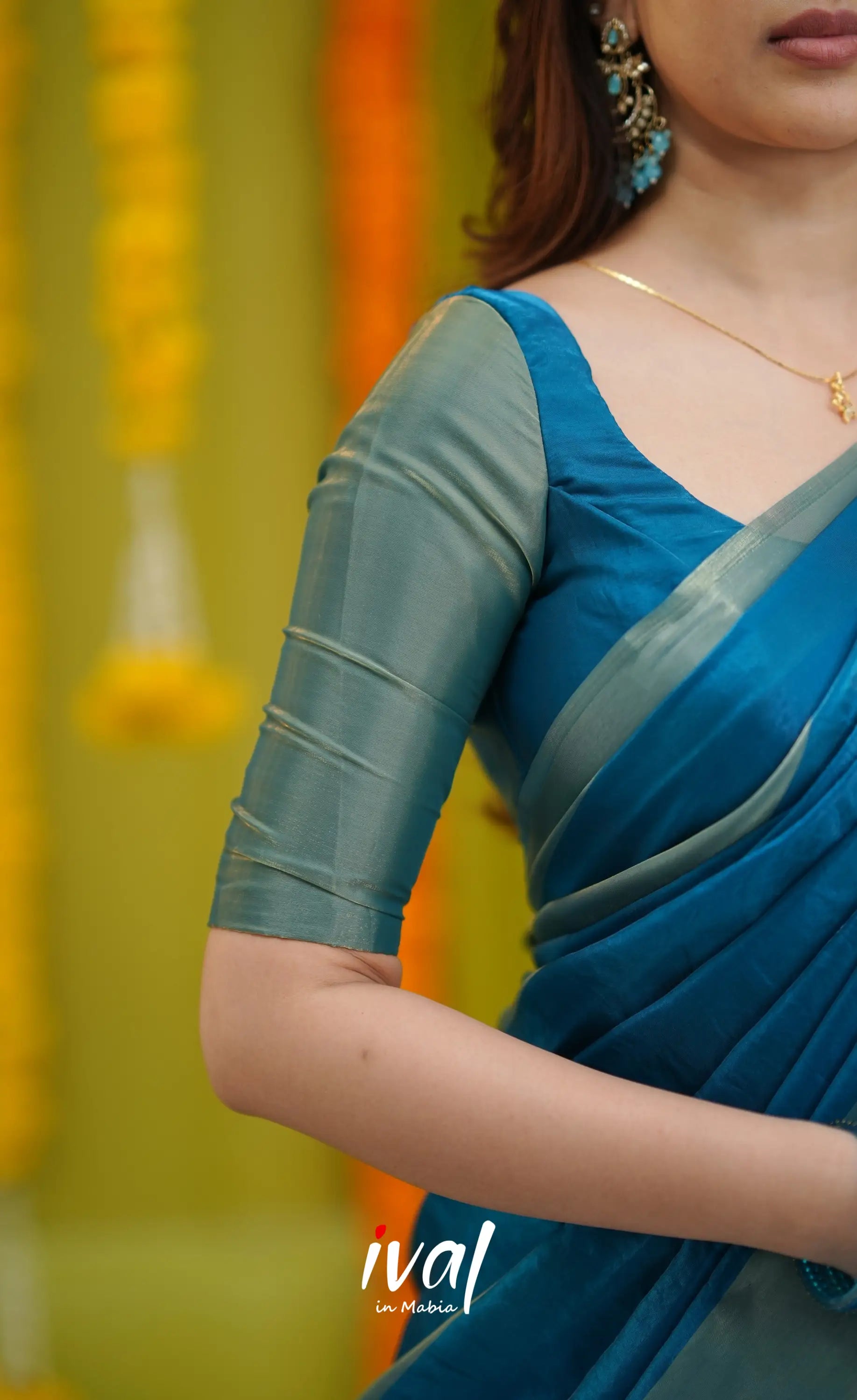 Vedika - Peacock Blue and Gold Scape Silk Halfsaree - Half Sarees