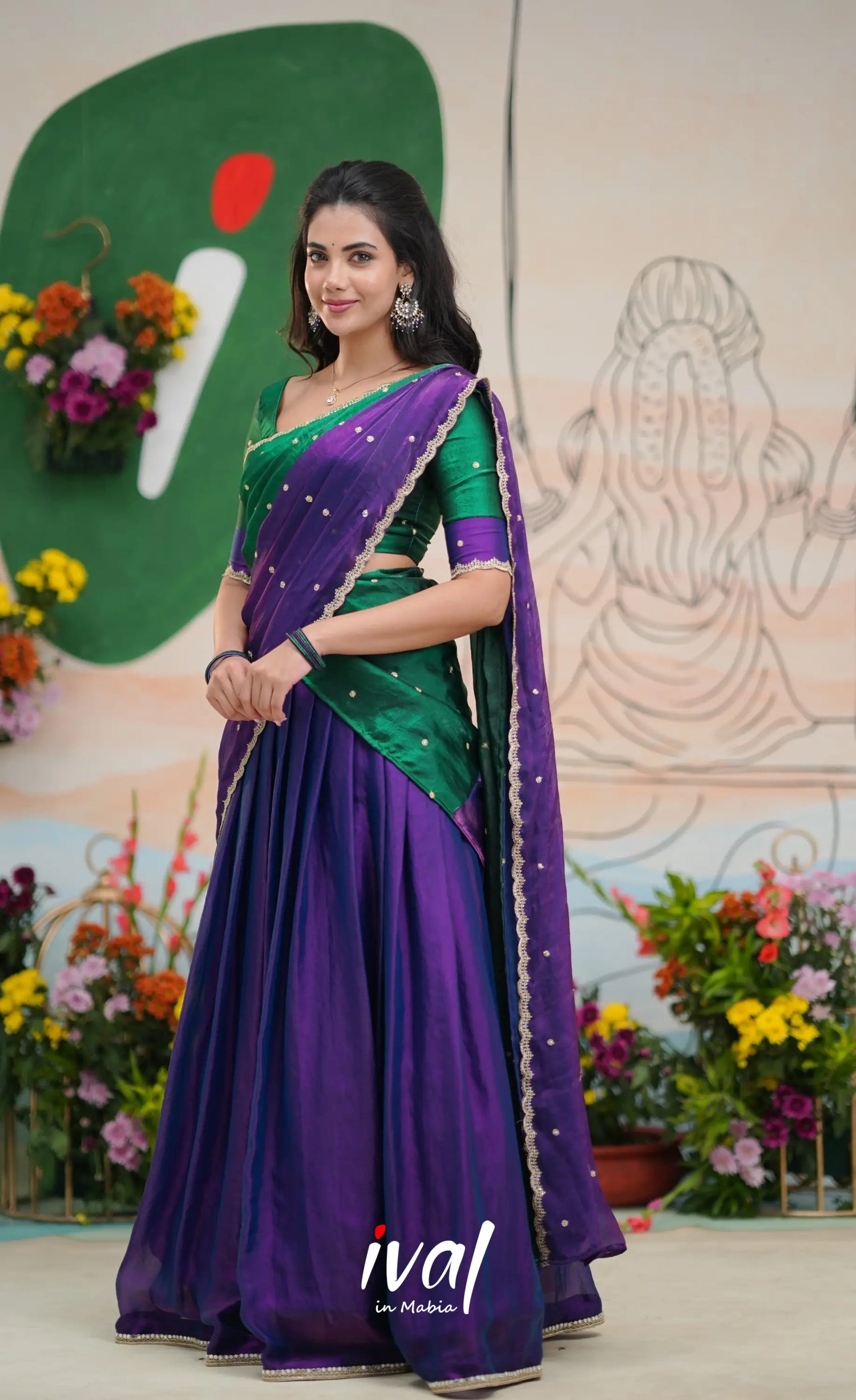 Vedika - Purple with Bottle Green Scape Silk Halfsaree Half Sarees