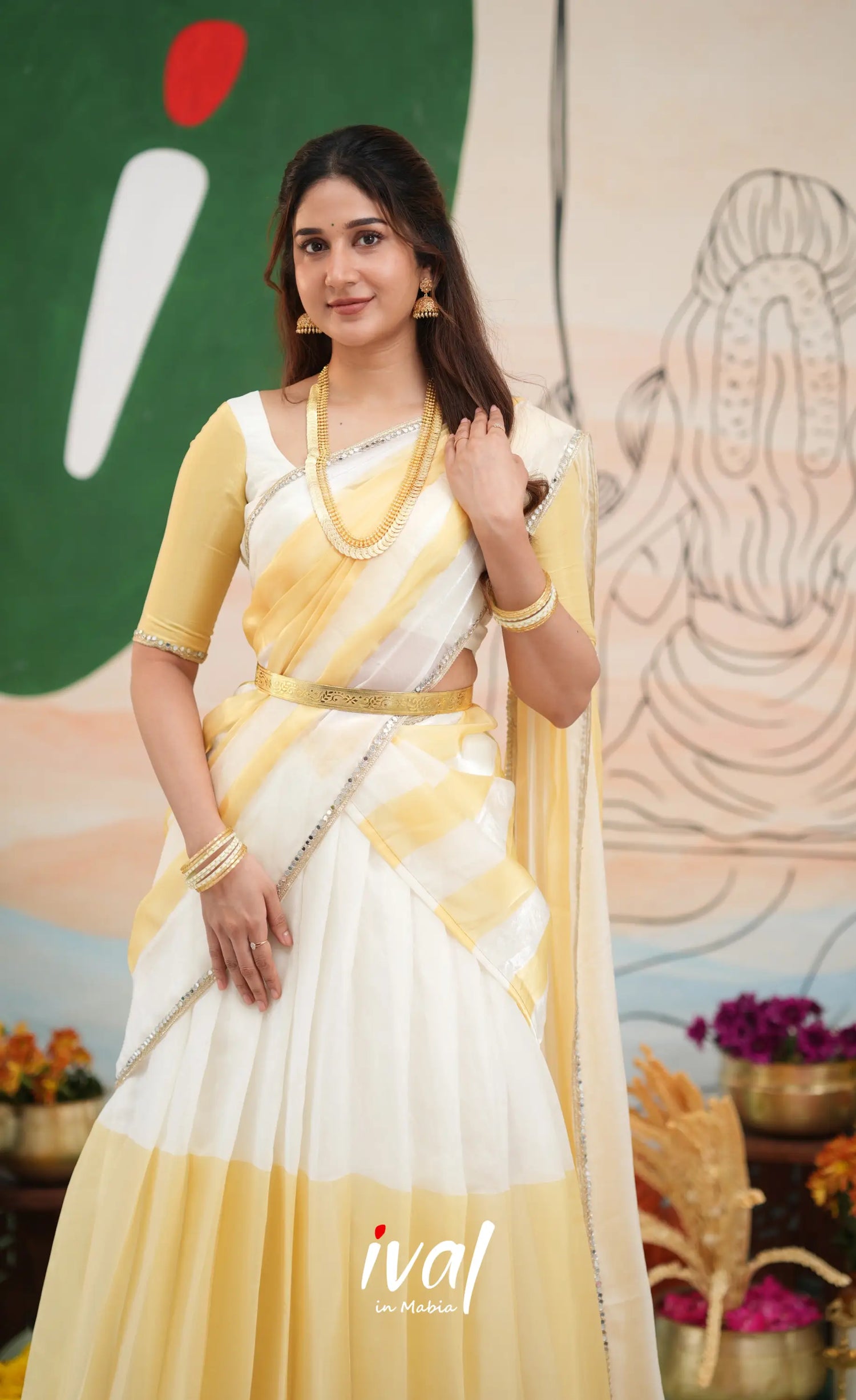 Vedika - White with Light gold Scape Silk Halfsaree - Half Sarees