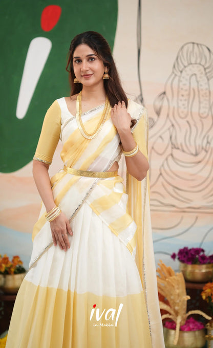Vedika - White with Light gold Scape Silk Halfsaree - Half Sarees