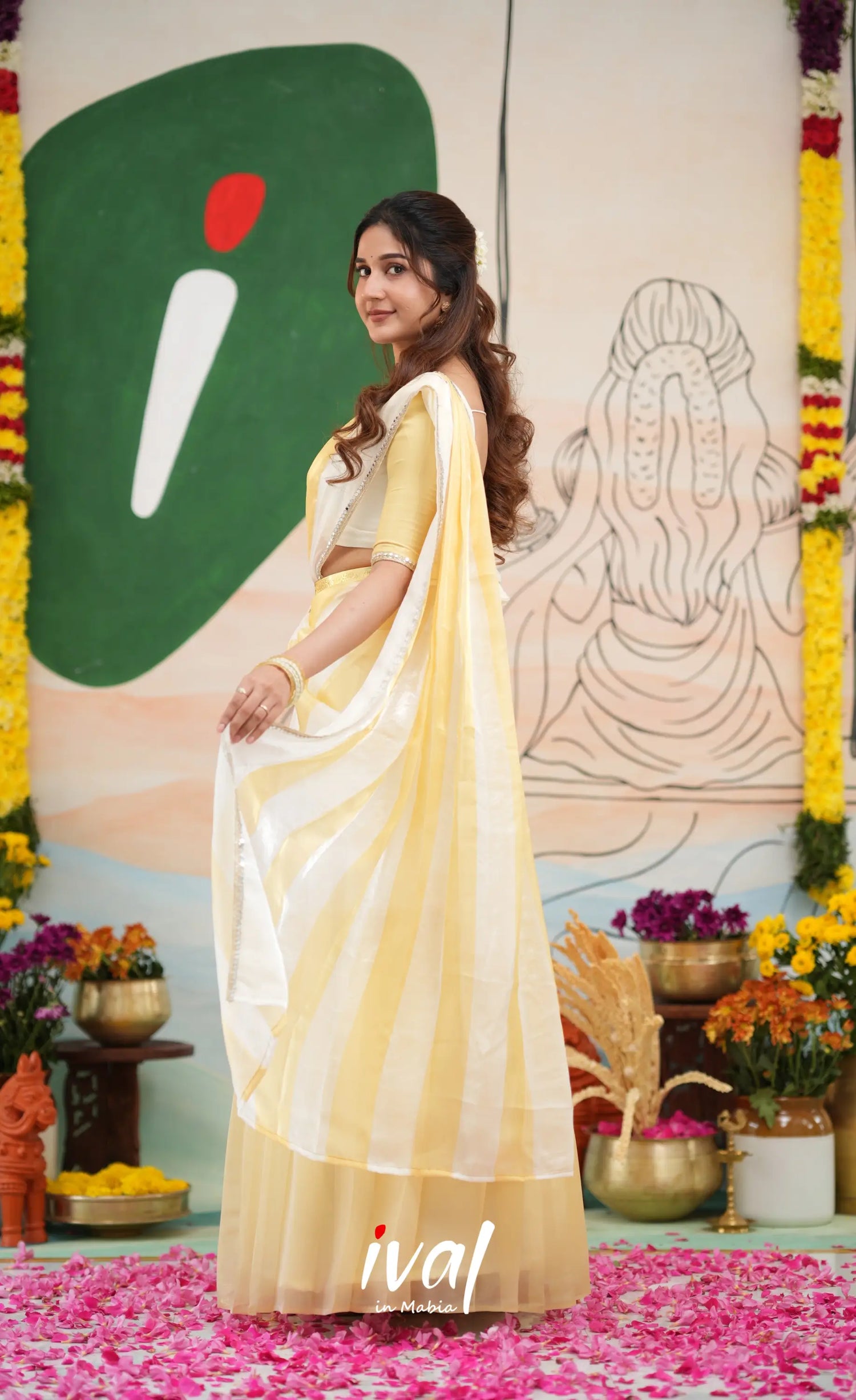 Vedika - White with Light gold Scape Silk Halfsaree - Half Sarees