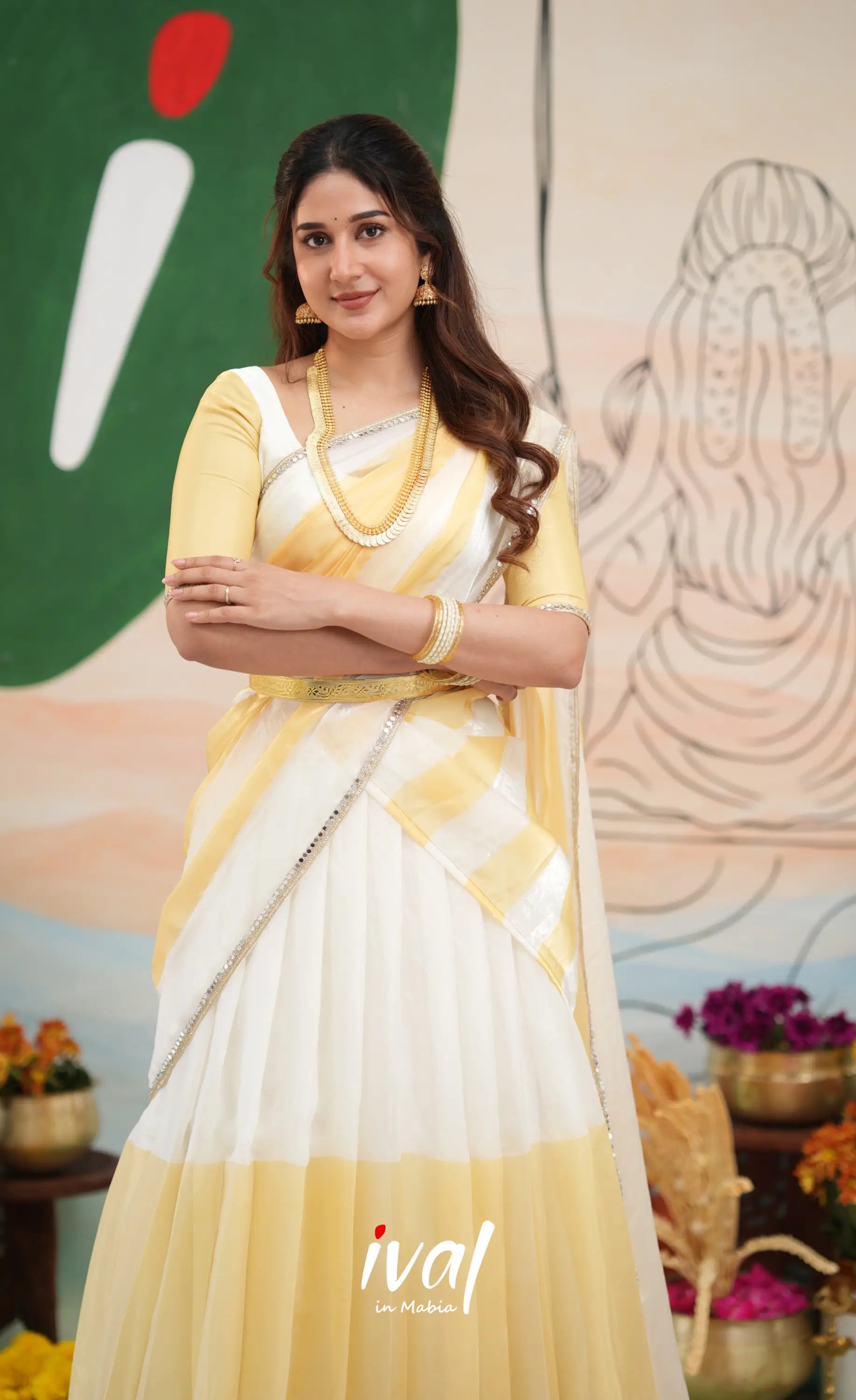 Vedika - White with Light gold Scape Silk Halfsaree - Half Sarees