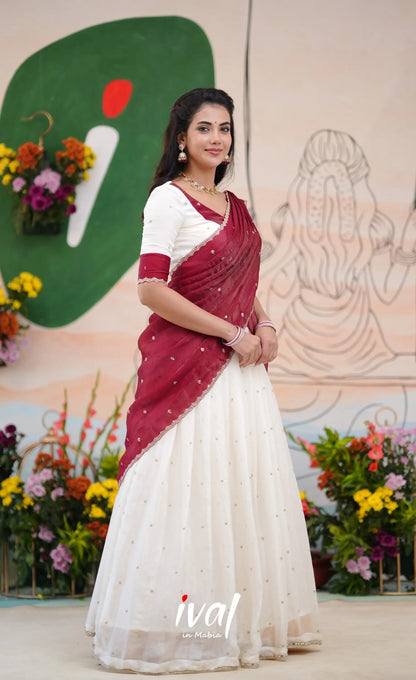 Vedika - White with Maroon Scape Silk Halfsaree Half Sarees